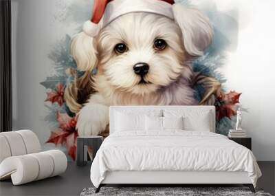 Cute white puppy with a Christmas hat inside decorated Christmas basket watercolor isolated on white background
 Wall mural