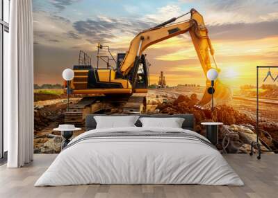 Excavator with hydraulic hammer breaking rocks at a construction site during sunset.  Wall mural