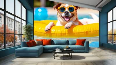 Happy dog wearing yellow sunglasses relaxing in a yellow floating ring on the water, showcasing a fun summer vacation at the beach or pool. Wall mural