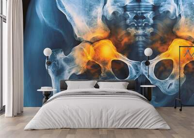 Highresolution xray of human hip joint with yellow highlights for pain, gray backdrop Wall mural