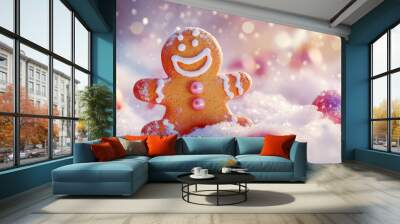 Joyful Gingerbread Cookie in Winter Wonderland Wall mural