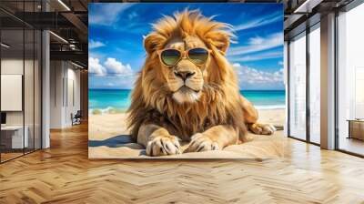 Lion in Sunglasses Relaxing on Beach. Wall mural