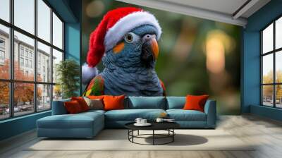 Quirky Parrot in Fun Santa Hat Portrait Wall mural