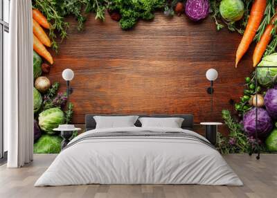 Rustic Wooden Table with Colorful Vegetables and Herbs Wall mural