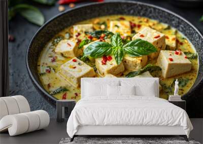 Soft Tofu Cubes in Creamy Steaming Broth Wall mural