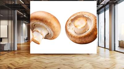 Two fresh champignon mushrooms, one whole and one sliced, displaying white gills and brown caps on a Transparent background.
 Wall mural