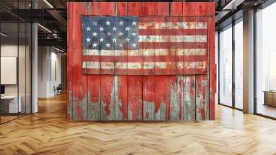 Vintage American Flag on Barn An old American flag hanging on a rustic barn, with blank space for text The vintage flag and country setting evoke a nostalgic, patriotic feel Wall mural