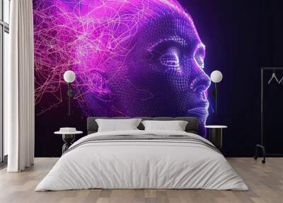 Violet color digital hologram futuristic face neuron link on a neuron connection, Artificial intelligence concept, isolated on black background Wall mural