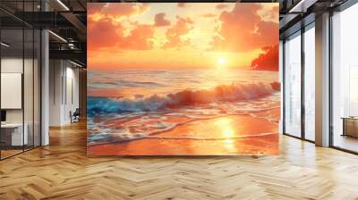 Vivid sunset over tropical beach with dramatic clouds and waves crashing on the shore, illuminating the sand with warm golden hues Wall mural