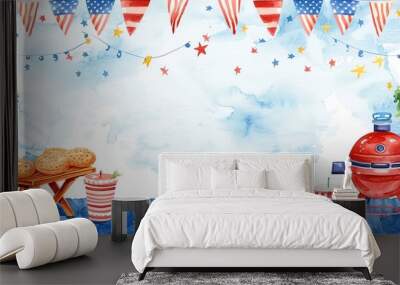 Watercolor illustration of a patriotic BBQ party with American flagthemed decorations Wall mural