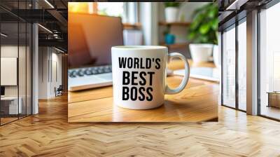 World's Best Boss Mug on Desk with Laptop. Wall mural