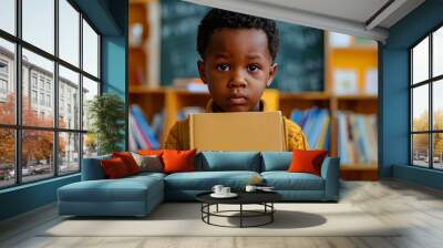 Young black boy hugging a book in a colorful classroom, showing a love for learning with a bright and cheerful expression Wall mural