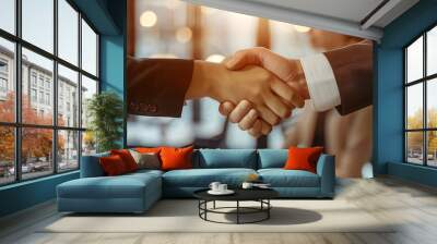 Two men shake hands in a business meeting. Scene is professional and formal. The handshake symbolizes agreement and trust between the two men. Businessman in success teamwork, cooperation partnership. Wall mural