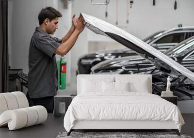 Asian mechanic Checking and Opening the car hood in maintainance service center which is a part of showroom, technician or engineer professional work for customer, car repair concept Wall mural