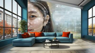 Asian women being futuristic vision, digital technology screen over the eye vision background, security and command in the accesses. surveillance and sefety concept Wall mural