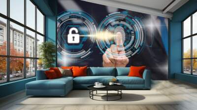 Businessman Fingerprint scan for biometric authentication to unlock security over the blurred data center server room background, Business Technology sceurity Concept. Wall mural