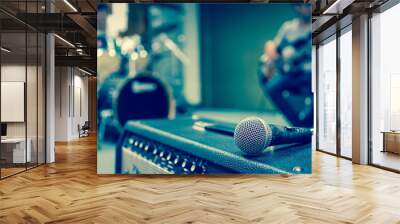 Closeup of microphone on musician blurred background Wall mural