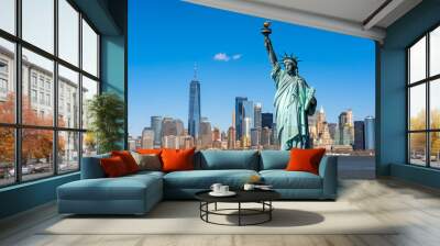 The Statue of Liberty over the Scene of New york cityscape river side which location is lower manhattan,Architecture and building with tourist concept Wall mural