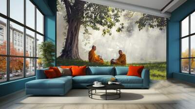 two monks meditation under the trees with sun ray, buddha religi Wall mural