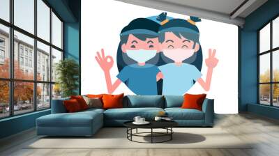 2 children united to wear a mask a Face shield pair with a surgical mask.New normal to clothing to protect Coronavirus infection. Wall mural