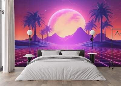 Abstract retro sci-fi grid 80's, 90's neon colors night and sunset, vintage cyberpunk illustration Wall mural