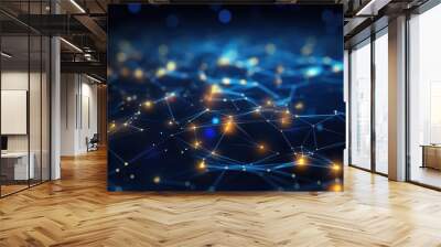 Blue abstract background with a cyber network grid and connected particles,global data connections concept. Wall mural