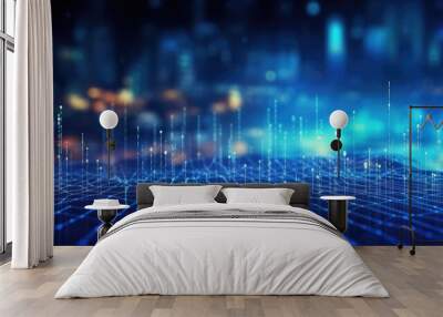 Blue abstract digital data background with particles and Digital data network connections concept. Wall mural