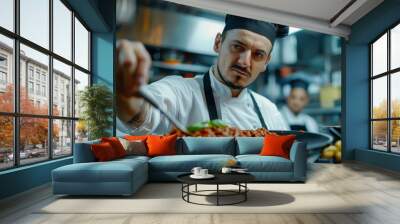 Chef preparing a vibrant dish in a professional kitchen, focusing on detailed presentation and fresh ingredients. Wall mural