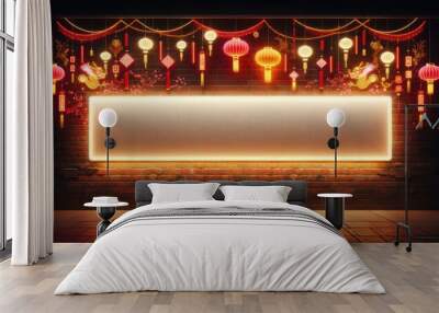 Chinese festival decoration background Brick wall with neon lights, Chinese decor theme Complete with hanging Chinese lanterns and festive decorations. Wall mural