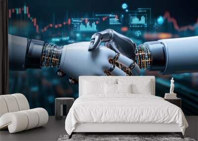 Digital business handshake between two robotic hands symbolizes collaboration and innovation Wall mural