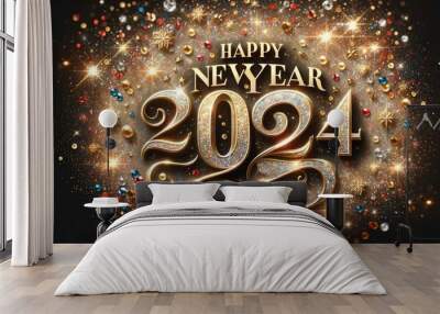 festive New Year celebration theme with the text Happy New Year 2024 surrounded by sparkling gold and silver decorations. Wall mural