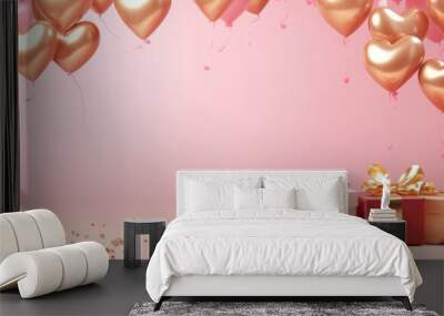 Festive Valentine's Day background with shiny pink and gold heart-shaped balloons tied with ribbons, gifts box and sparkling lights on bokeh background. Wall mural