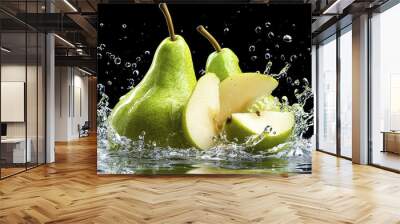 Fresh green pears splashing in water, showcasing their juicy texture and vibrant color. image conveys sense of freshness and vitality. Wall mural