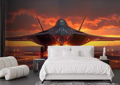 Futuristic Stealth Fighter Jet Takes Off at Dramatic Sunset Airfield Wall mural