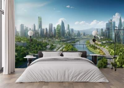 Futuristic sustainable green city, concept of city of the future based on green energy and eco industry, future city with skyscrapers and modern buildings. Wall mural