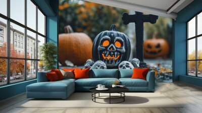 Halloween is celebrated with costumes, trick-or-treating, and spooky decorations Wall mural