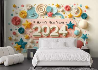 Happy New Year 2024 background, 3D paper art style celebration with layered ribbons, stars and balloons. Wall mural