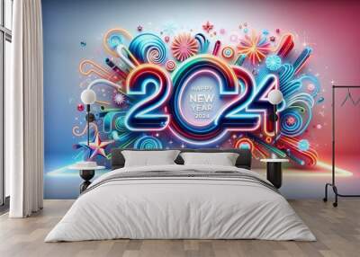 Happy New Year 2024 background, bright and colorful neon sign with the message 