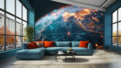 Illustration of a digital globe with glowing network connections, symbolizing global communication and data exchange. Wall mural