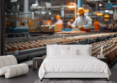 Inside a Bustling Commercial Egg Production Facility with Efficient Packaging and Sorting Processes Wall mural