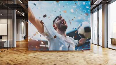 Jubilant Soccer Player Celebrates Victory Amidst Confetti Rain at the Stadium Wall mural