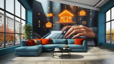 Laptop User Navigating Virtual Real Estate Cards for Digital Home Marketing Wall mural