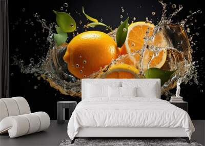 orange with leaf in water splash isolated on black background. Wall mural