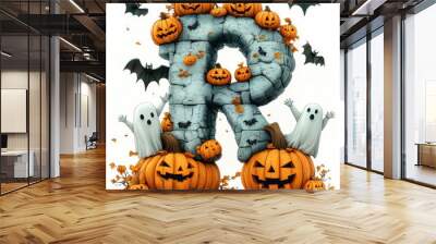 Playful Cartoon Letter with Pumpkins and Bats Wall mural