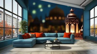 Ramadan Kareem celebration background illustration with arabic lanterns and moon Wall mural