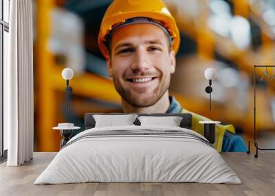 Smiling warehouse worker wearing a hard hat and reflective vest, standing in a storage facility with shelves in the background. Wall mural