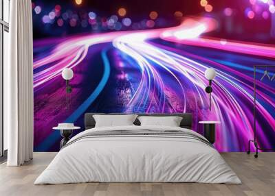 Visualization of digital data transfer technology background with light pulses racing across circuits Wall mural