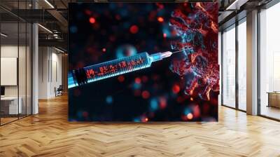 A close-up of a syringe with a vaccine aimed at a virus particle, emphasizing medical advancement and disease prevention. monkeypox Wall mural