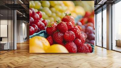 A vibrant assortment of fresh fruits including grapes, strawberries, and oranges at a market stall, bathed in natural sunlight. Wall mural