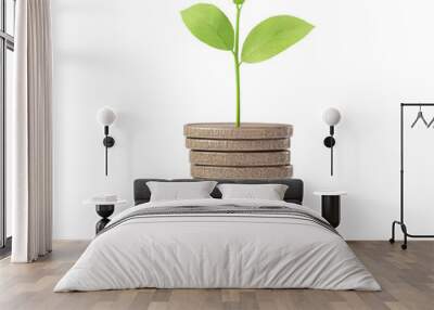 A young plant grows from a stack of coins, symbolizing financial growth and investment in sustainability. isolated on a transparent background Wall mural